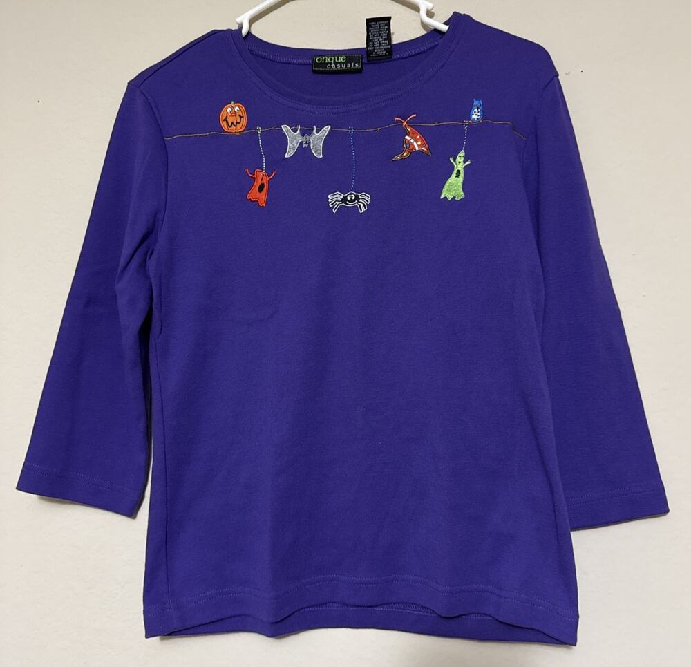 VTG Onque Casual Halloween Embroidered Pullover Purple 3/4 Sleeve Top Small S